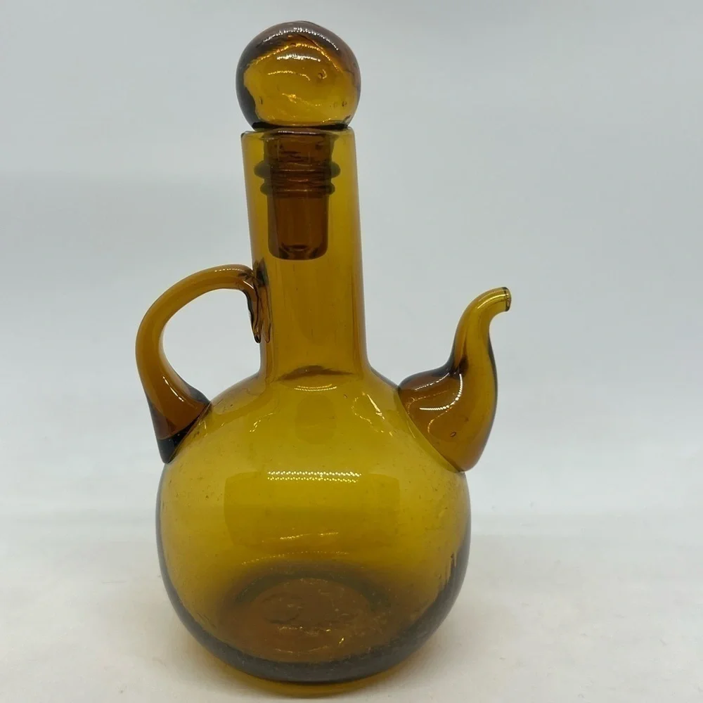 Vintage MCM Amber Handblown Glass Cruet & Stopper
